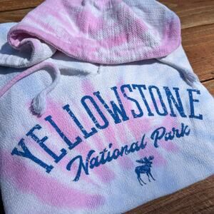 Retro Yellowstone Hoodie L Pastel Pink Blue Tie Dye Moose Pullover Park Souvenir